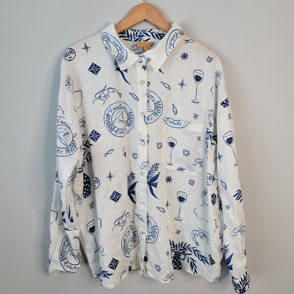 VRG GRL 100% Linen Button Top White Wine Seafood Coastal Nautical Boho Sz 14